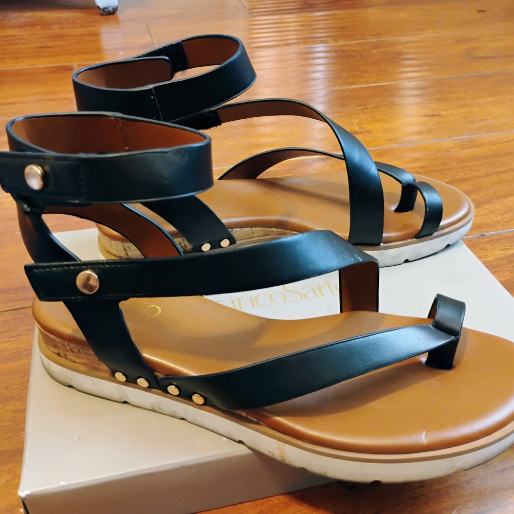Franco Sarto Black Sandals with Leather Straps and Ankle Buckle